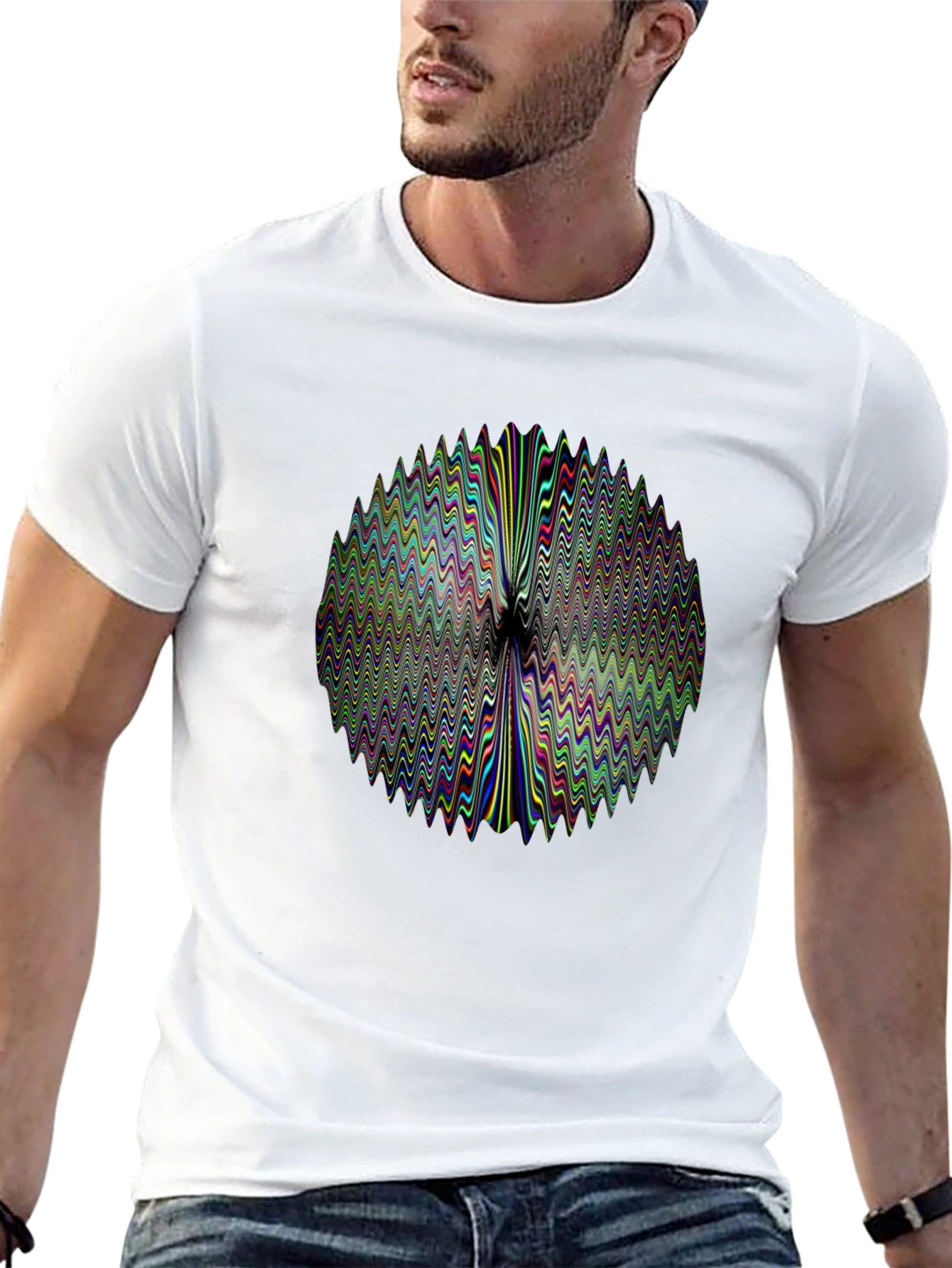Abstract Wavy Circle Graphic Print Black T-Shirt