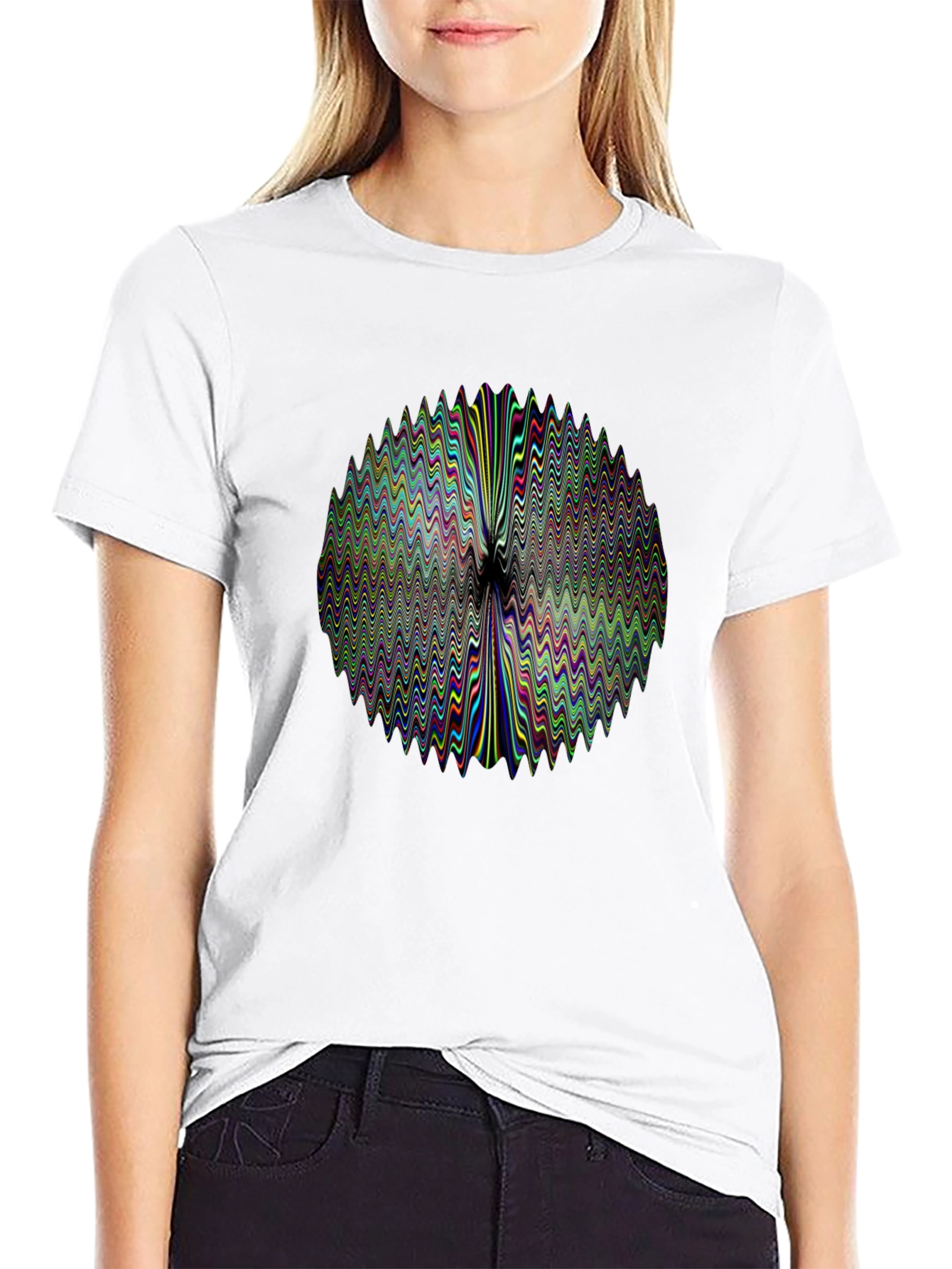 Abstract Wavy Circle Graphic Print Black T-Shirt