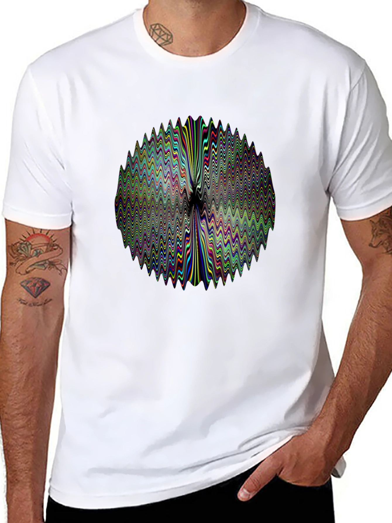 Abstract Wavy Circle Graphic Print Black T-Shirt