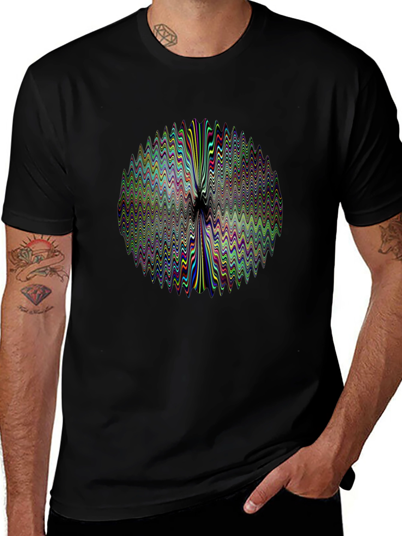 Abstract Wavy Circle Graphic Print Black T-Shirt