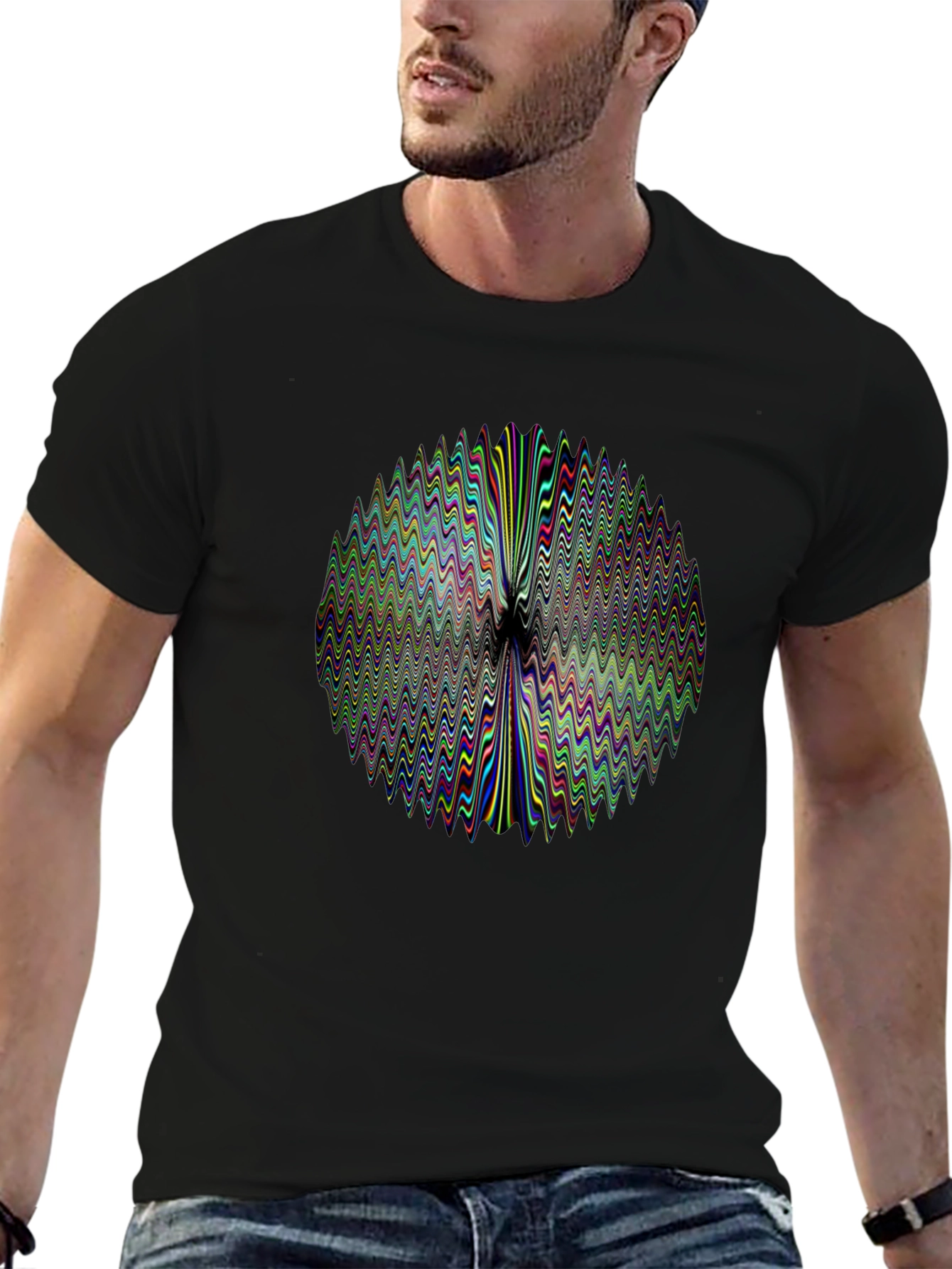 Abstract Wavy Circle Graphic Print Black T-Shirt