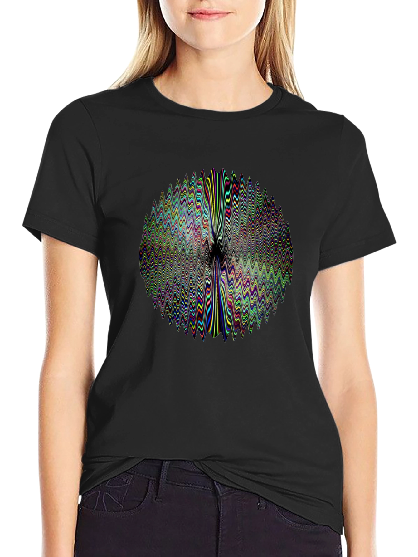 Abstract Wavy Circle Graphic Print Black T-Shirt