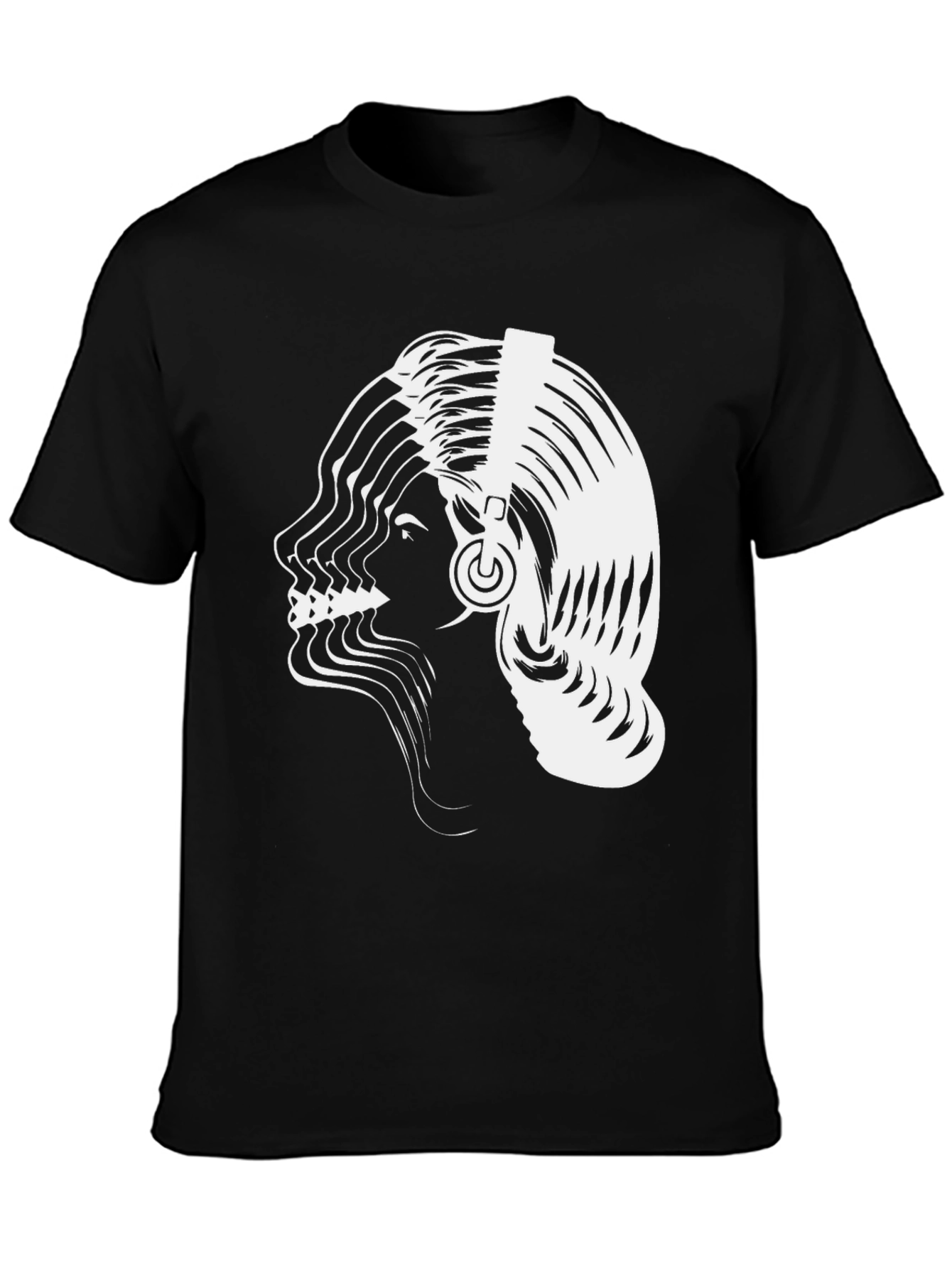 Abstract Woman Headphones Graphic Tee - Black Cotton Blend