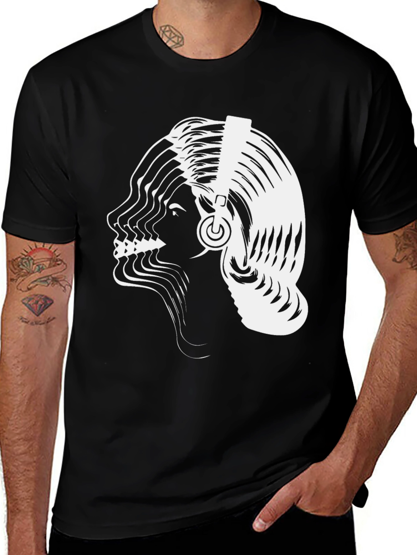 Abstract Woman Headphones Graphic Tee - Black Cotton Blend