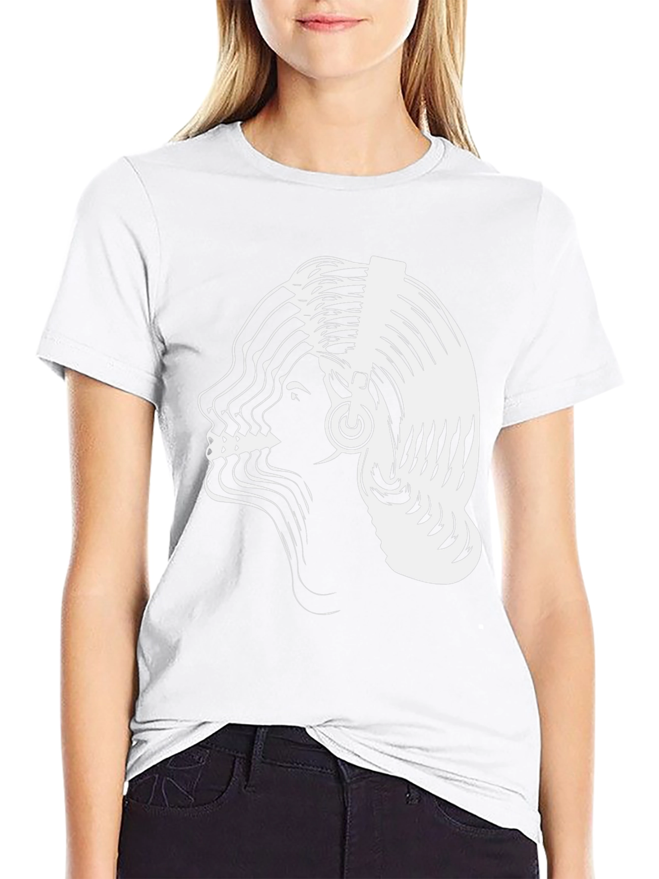 Abstract Woman Headphones Graphic Tee - Black Cotton Blend