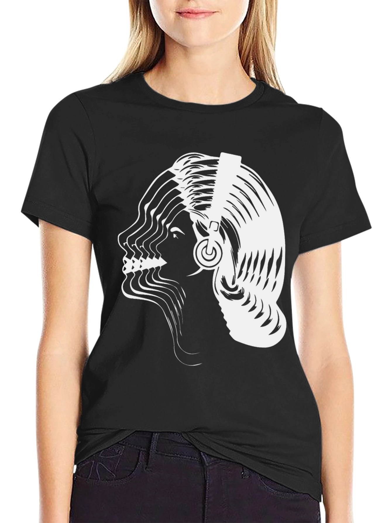Abstract Woman Headphones Graphic Tee - Black Cotton Blend