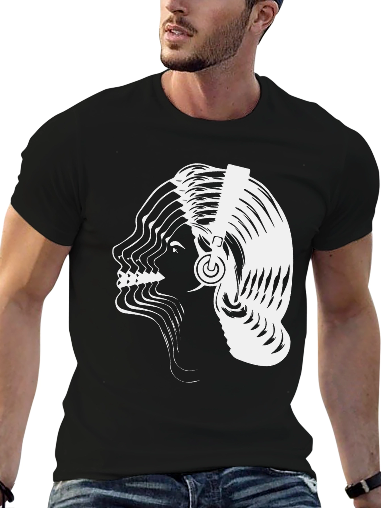 Abstract Woman Headphones Graphic Tee - Black Cotton Blend