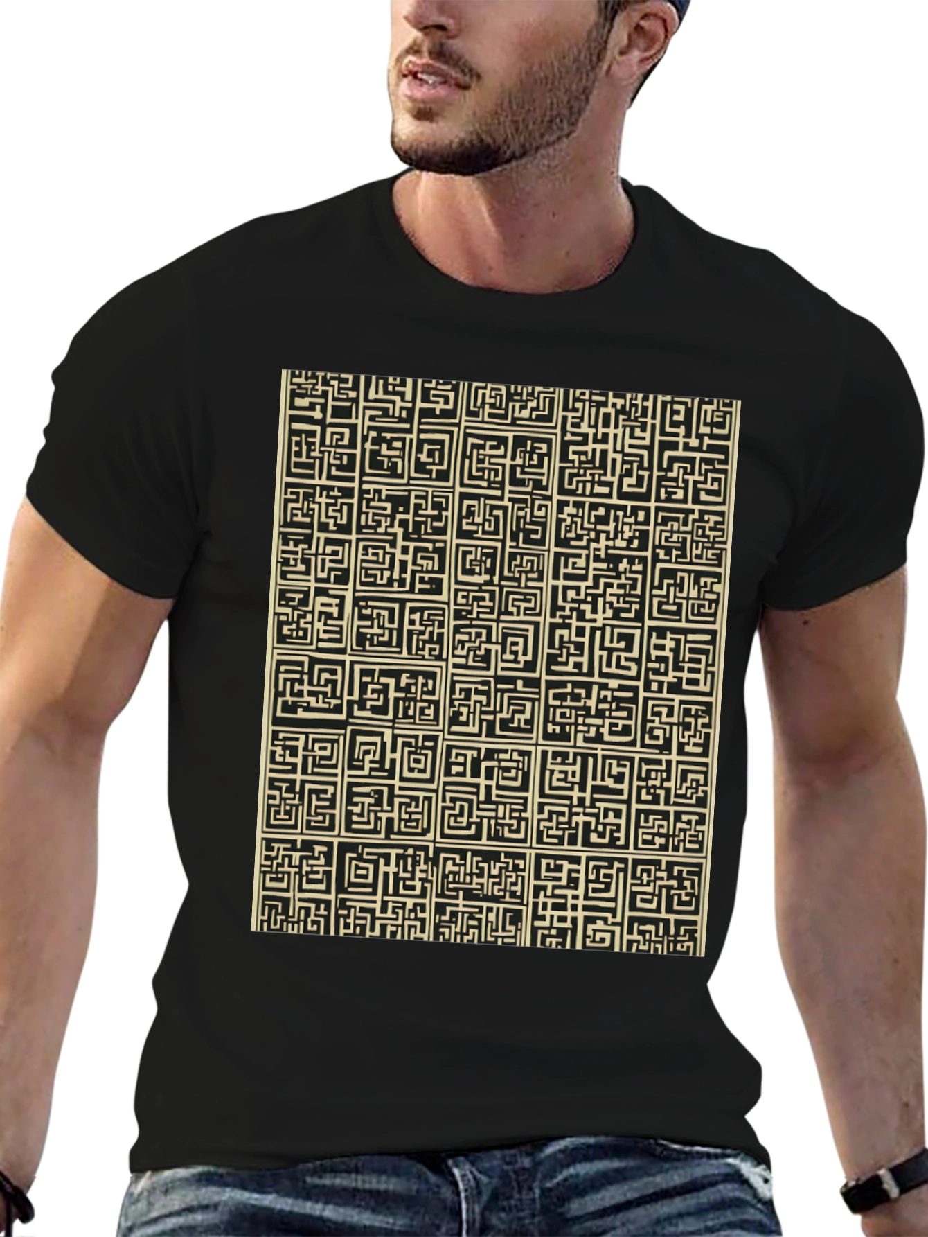 Abstract Maze Pattern Black T-Shirt