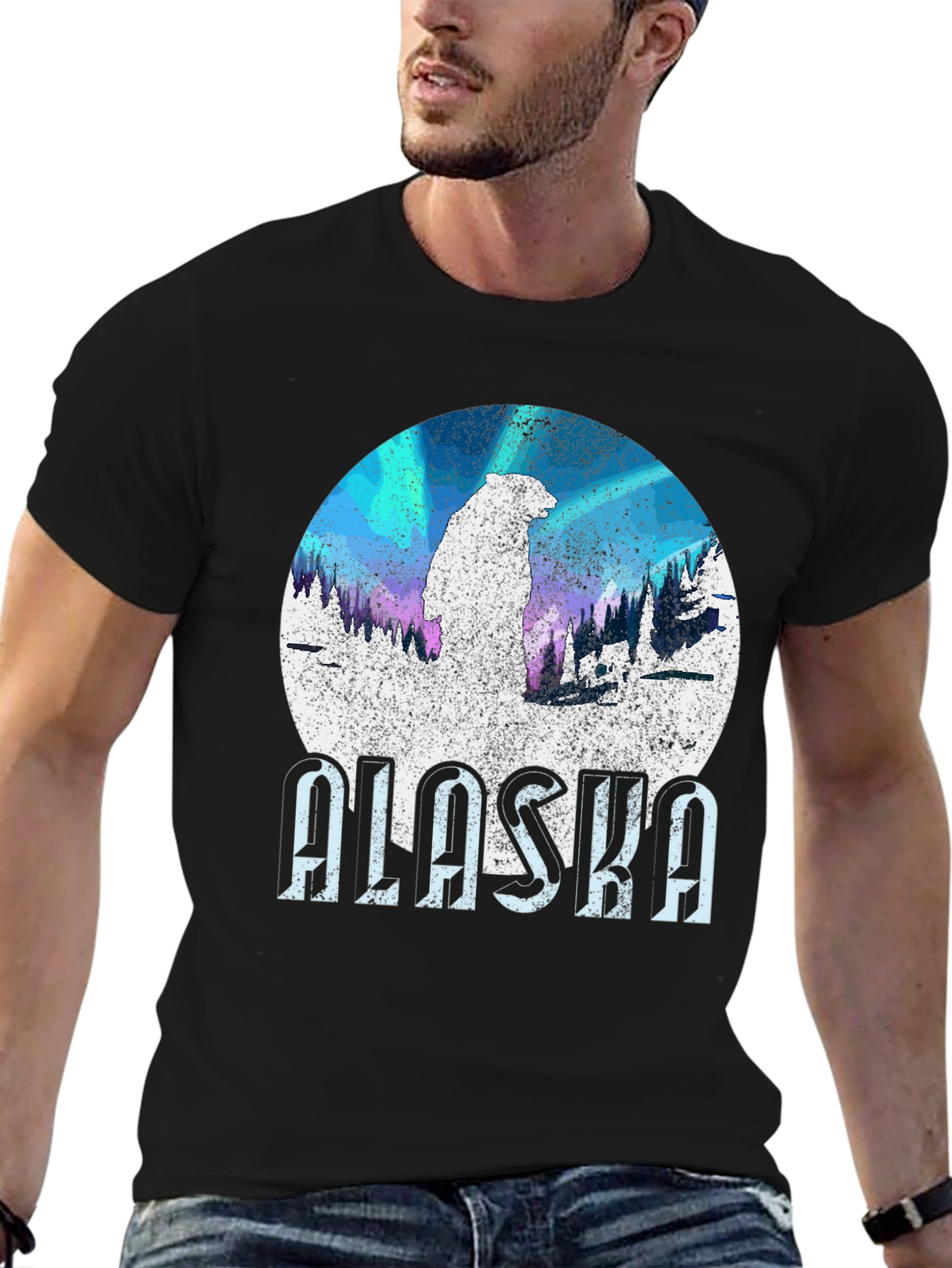 Alaska Bear Graphic Tee - Northern Lights Style